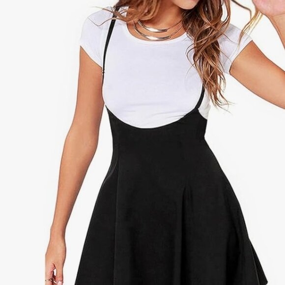 Women's Suspender Skirt Basic High Waist Versatile Flared Skater S-BLACK - Picture 1 of 4